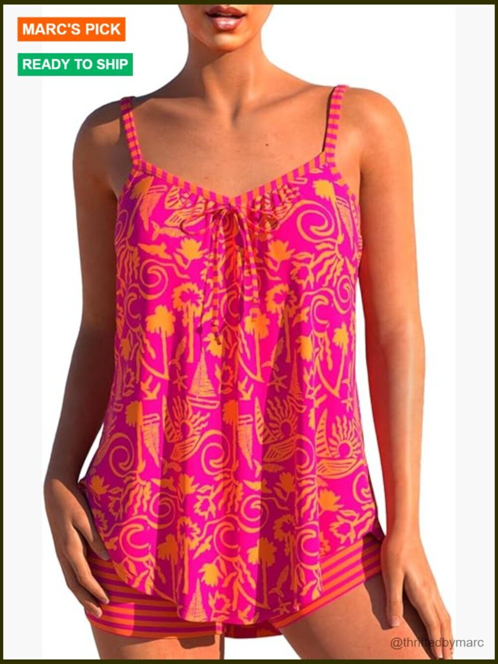 Two Piece Flowy Tankini Set with Boyshorts - Geometric Print Swimwear